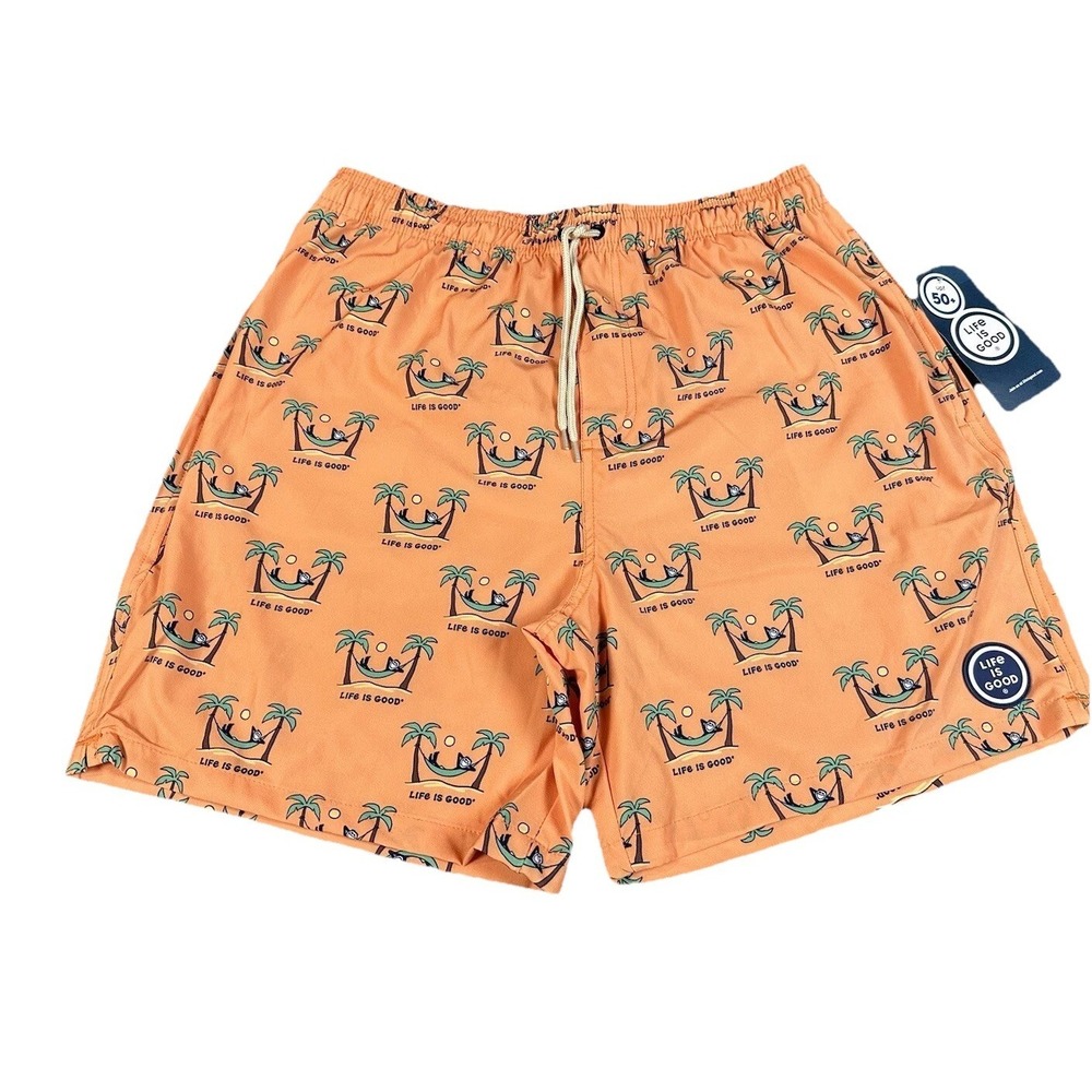 LIFE IS GOOD Monkey Palm Trees Lined Swim Trunks Size M UPF 50+ Orange Shorts
